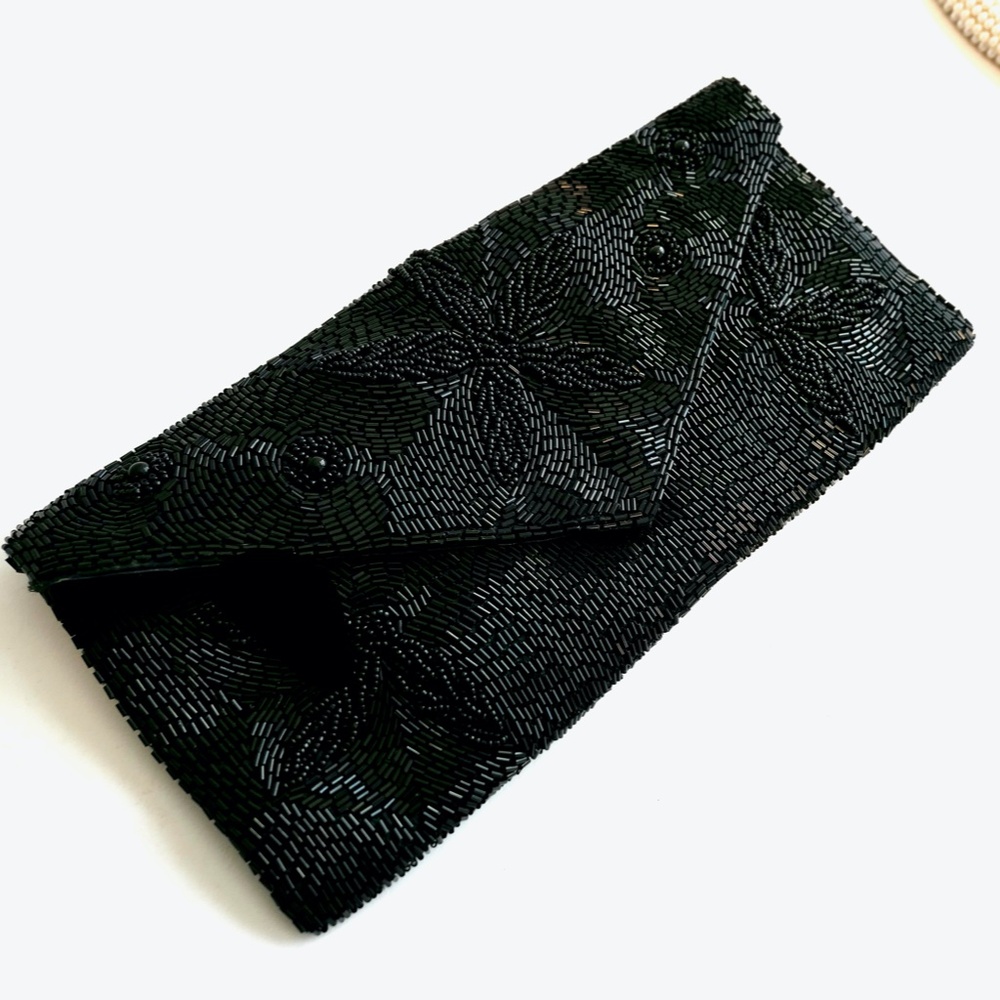 Vintage John Wind Japan Black Seed Bead Beaded Clutch Bag Purse Party Cocktail